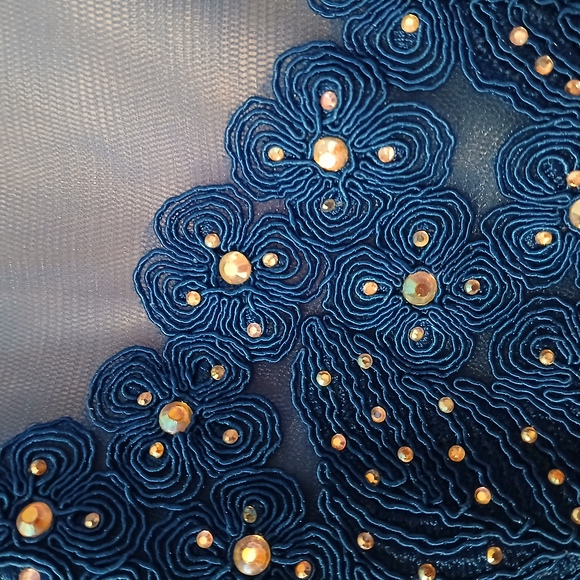 Anny Lee Blue Sequined Lace Wedding Prom Cocktail Evening Gown Dress Small - Picture 12 of 15